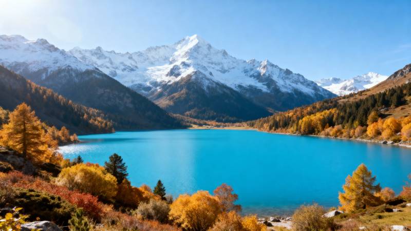 秋湖雪山美景图片