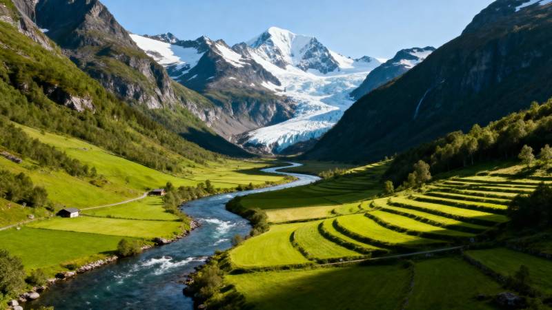 雪山峡谷绿野风光图片