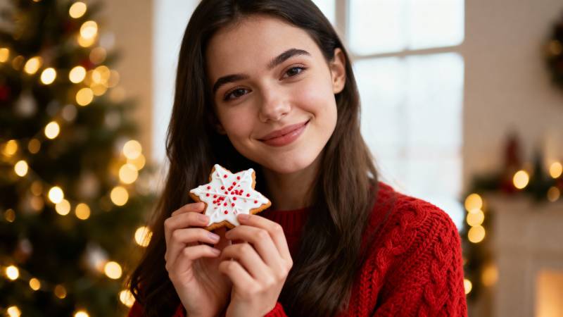 圣诞女孩手持糖霜饼干图片