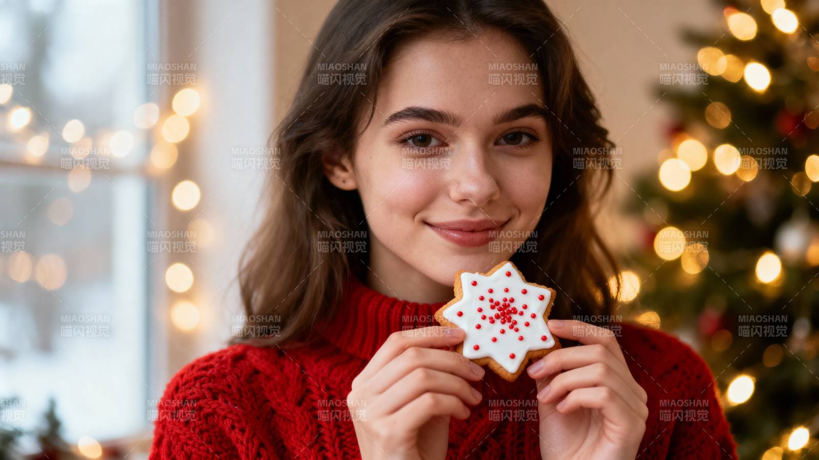 圣诞女孩手持糖饼图片