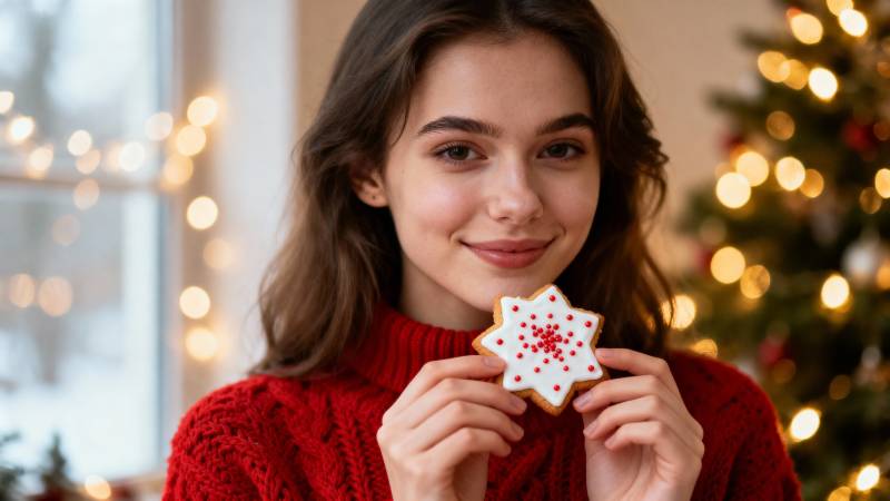 圣诞女孩手持糖饼图片