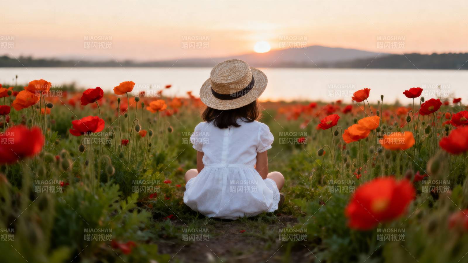 花海日落童影图片
