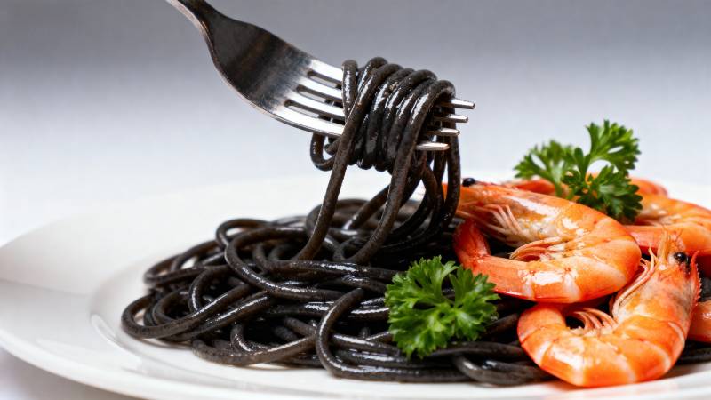 墨鱼汁意面配虾图片