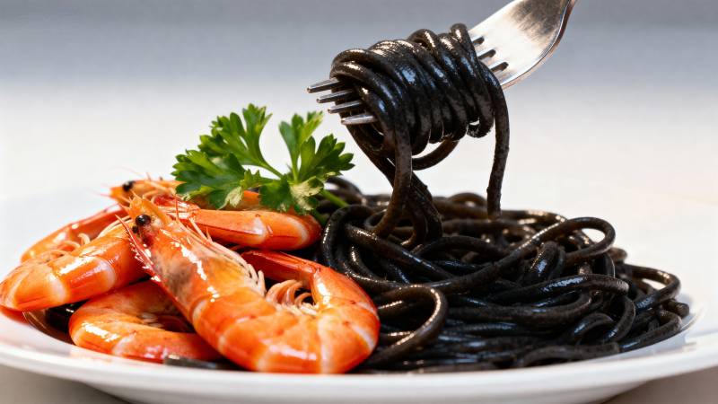 墨鱼汁意面配虾图片