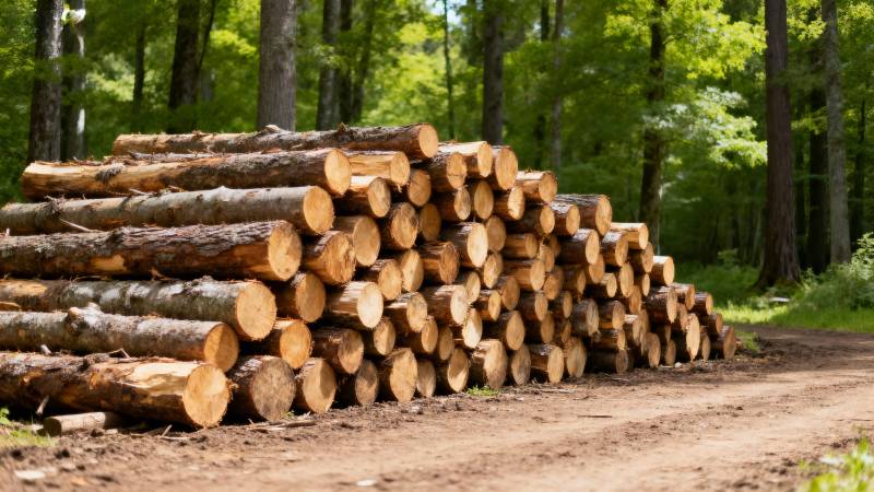 林间堆放的原木图片