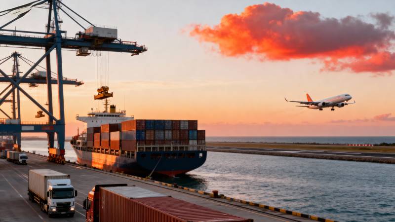 港口日落飞机飞过图片