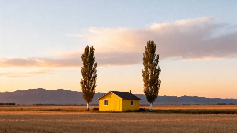 黄屋双树映晚霞图片