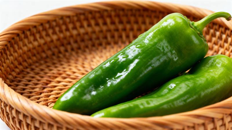 青椒静置于竹篮中图片