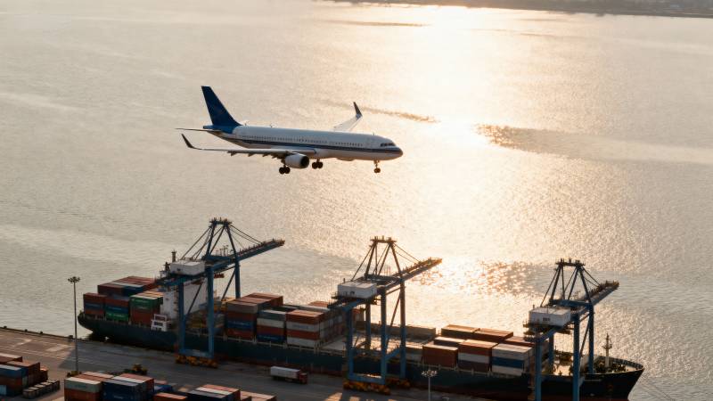 飞机飞越港口图片