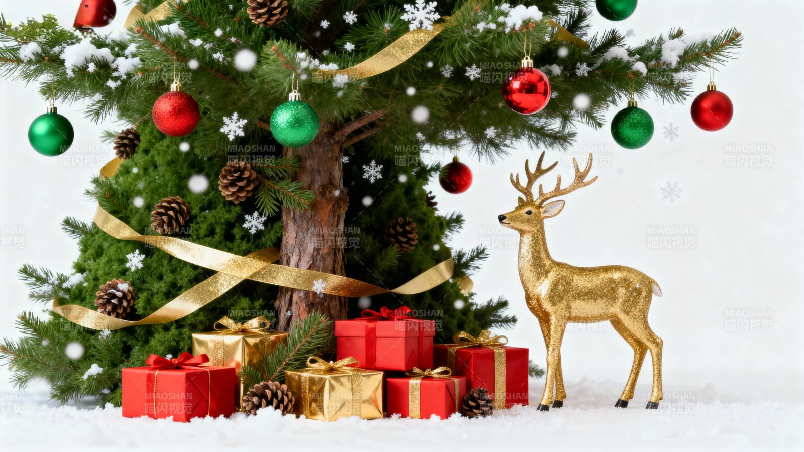圣诞树下礼物与鹿图片