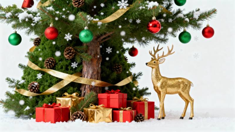 圣诞树下礼物与鹿图片