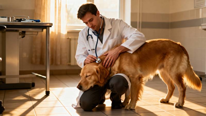 兽医为金毛犬检查图片