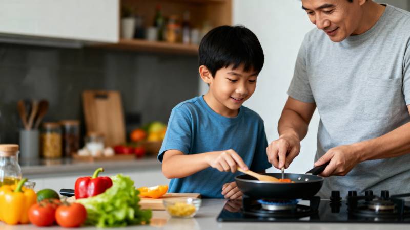 父子厨房共烹饪图片