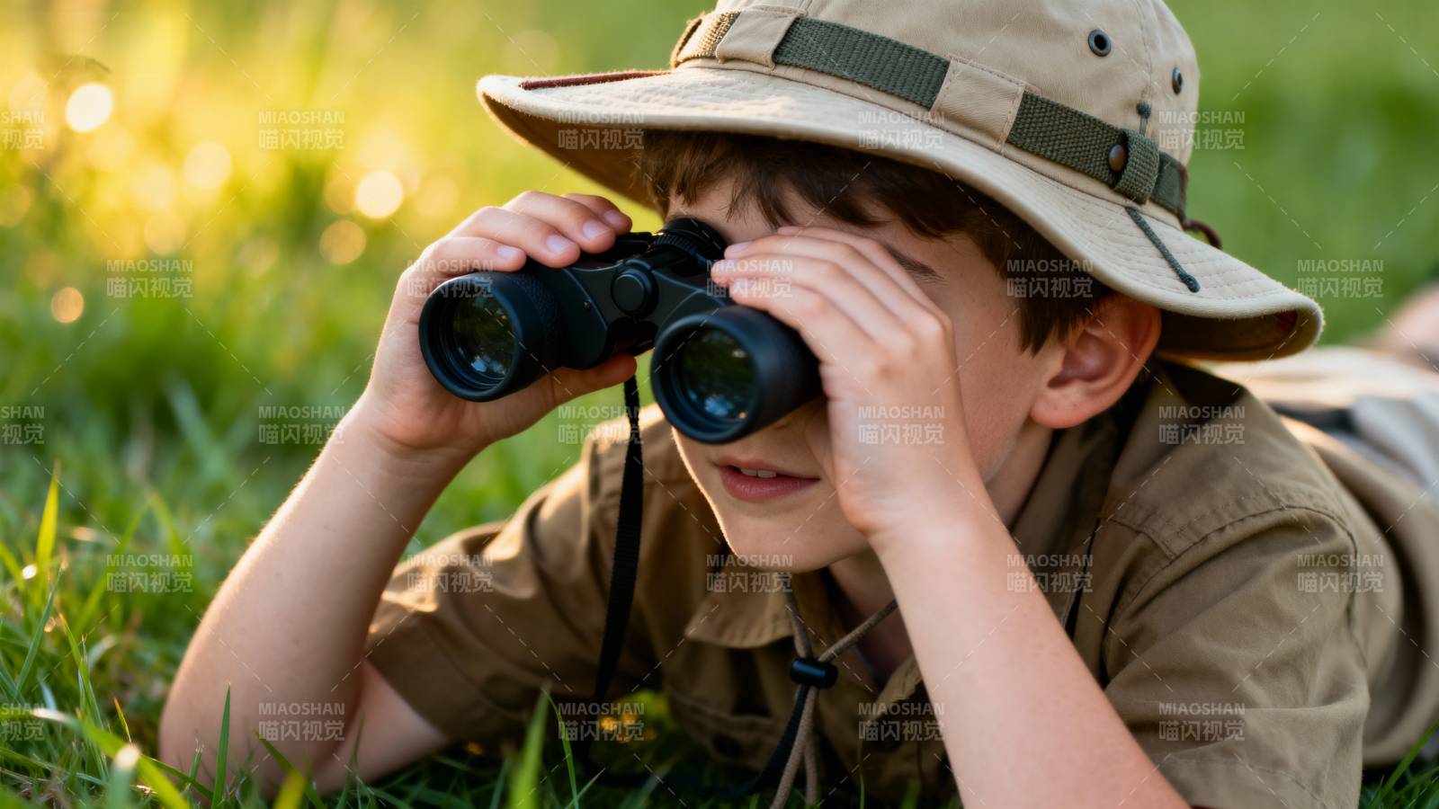 男孩用望远镜观察图片