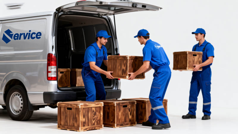 三名蓝衣男子搬运木箱图片