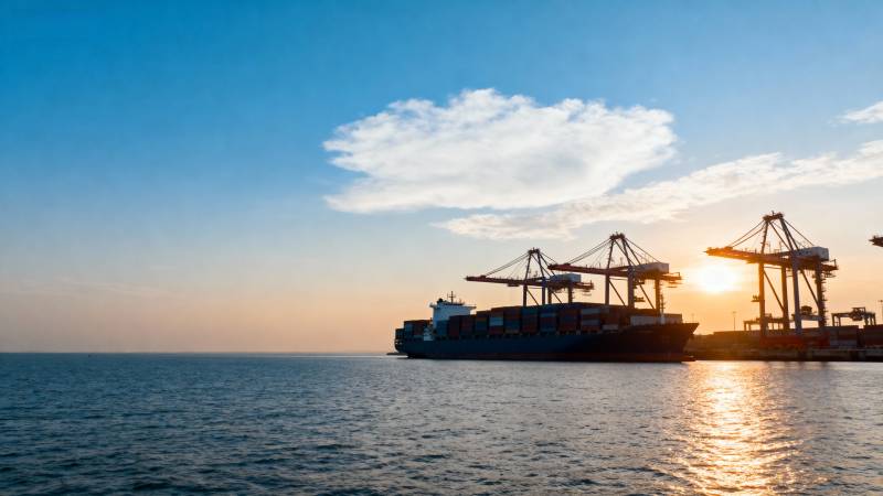 港口日落集装箱船图片