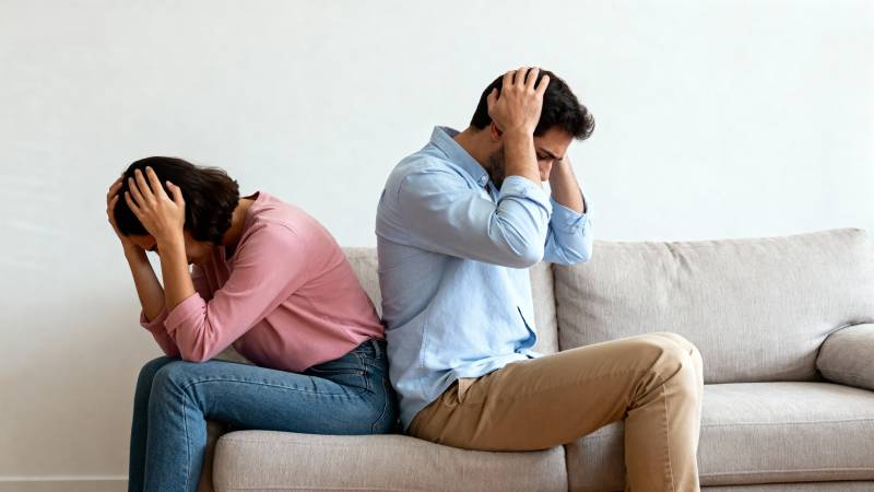 夫妻背对背抱头痛哭图片