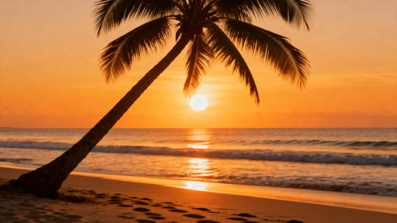 椰影夕阳海滩图片