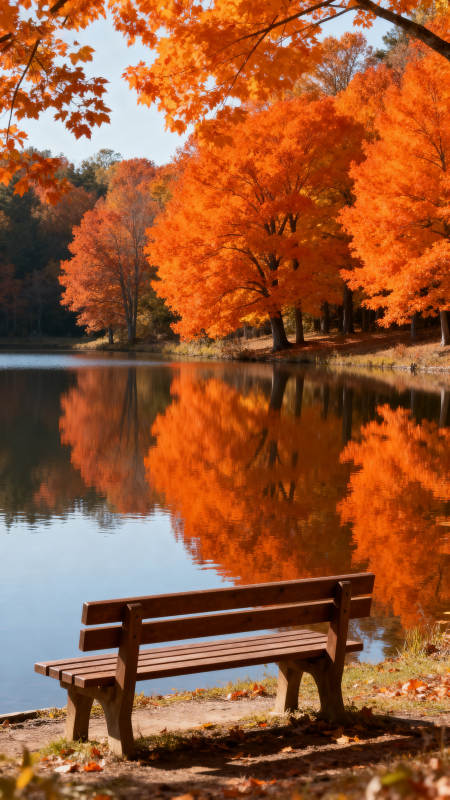 秋湖静影 长椅独坐图片