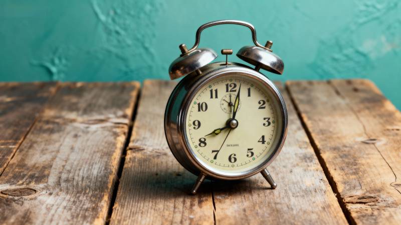 复古闹钟静置木桌图片