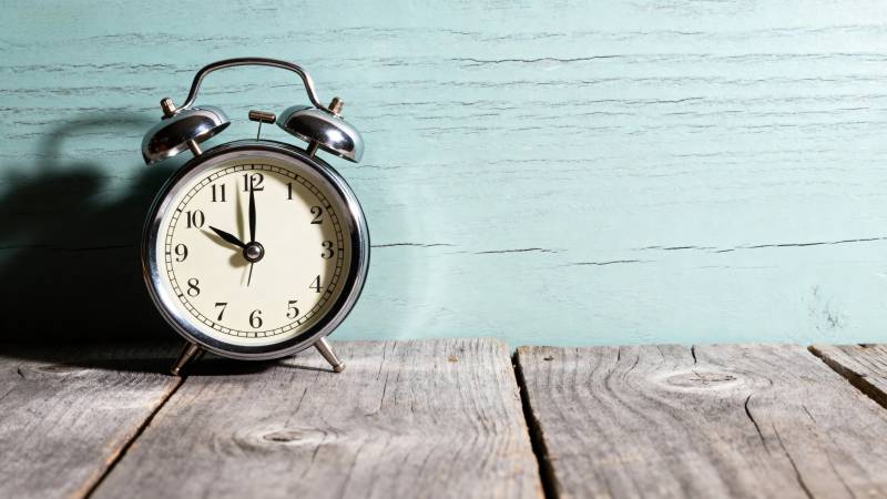 复古闹钟静置木桌图片