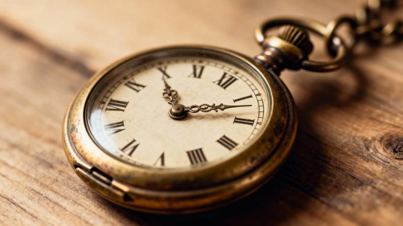 古董怀表静置木桌图片