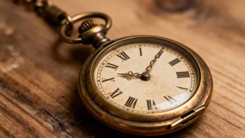 古董怀表静置木桌图片