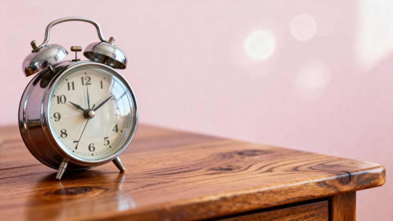 复古闹钟静置木桌图片