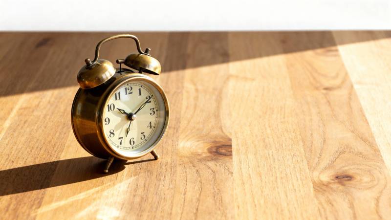 复古闹钟静置于木桌图片