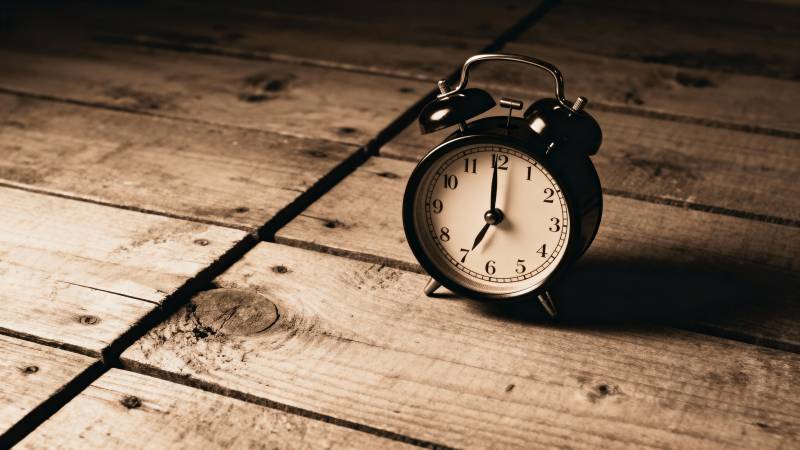 复古闹钟静置木桌图片