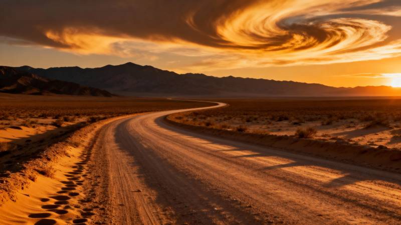 沙漠日落长路图片