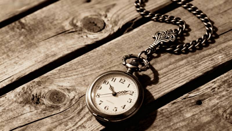 古董怀表静置木桌图片