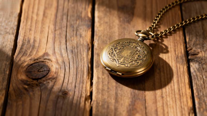 古董怀表静置木桌图片