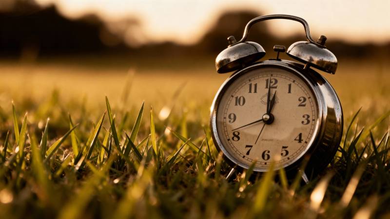 草地上闹钟静立图片