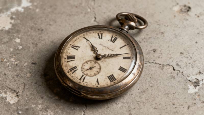 古董怀表静置石面图片