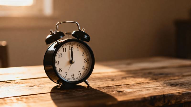 复古闹钟静置木桌图片