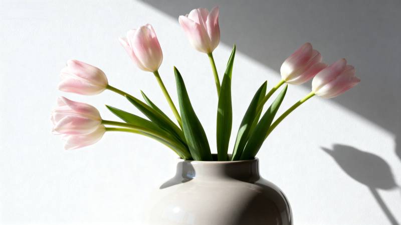 粉色郁金香花瓶光影静物图片