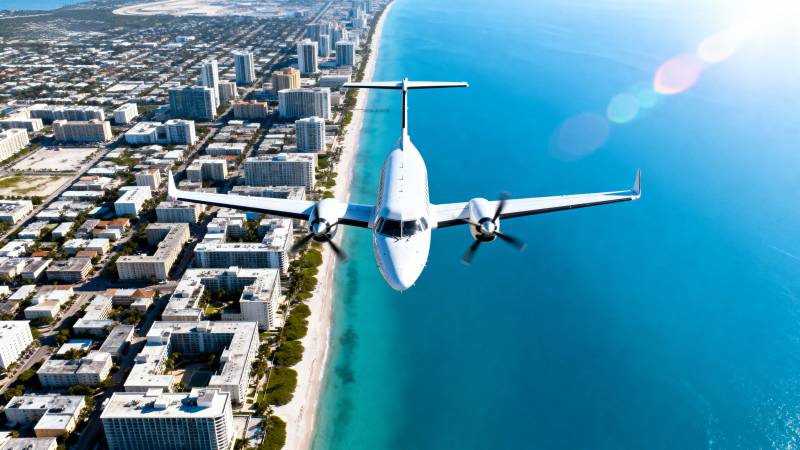 飞机飞越海滨城市图片