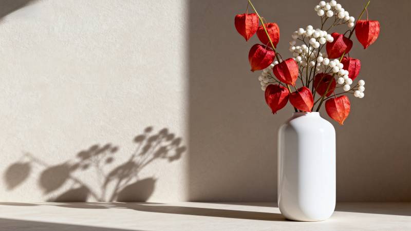 红叶白花静影图片