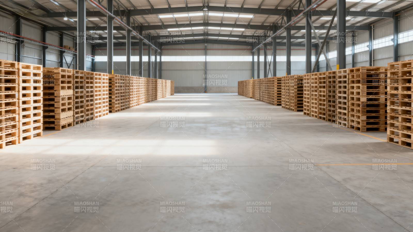 仓库内整齐堆放的托盘图片