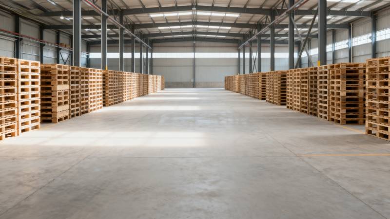 仓库内整齐堆放的托盘图片