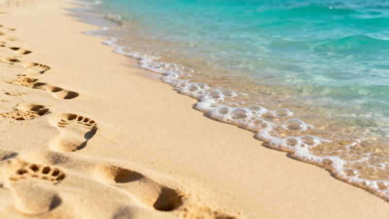 沙滩足迹与海浪图片