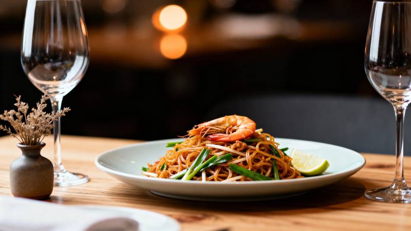 虾仁炒面配柠檬图片