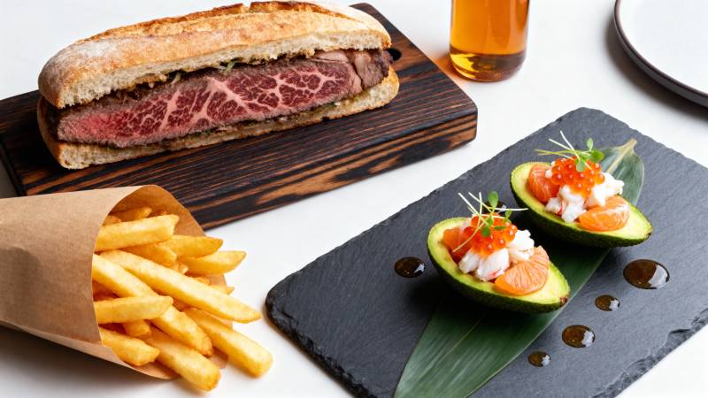 美食拼盘 牛排三明治与鳄梨沙拉图片