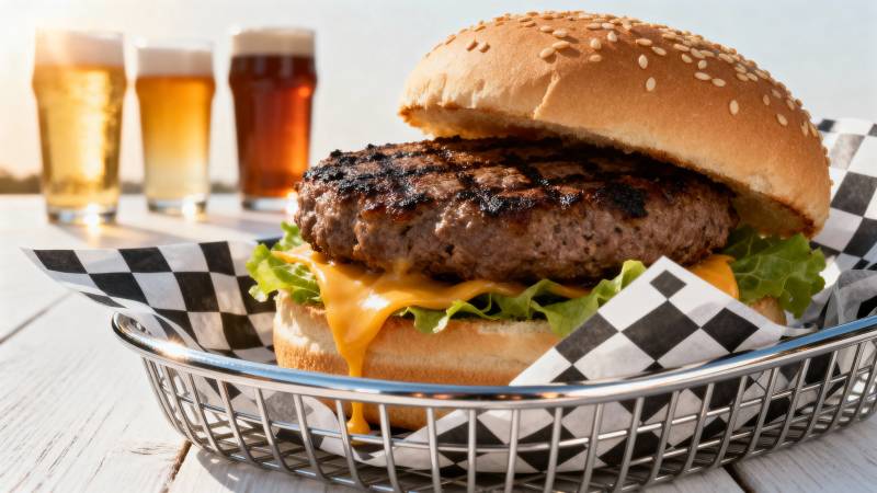 美味汉堡配啤酒图片