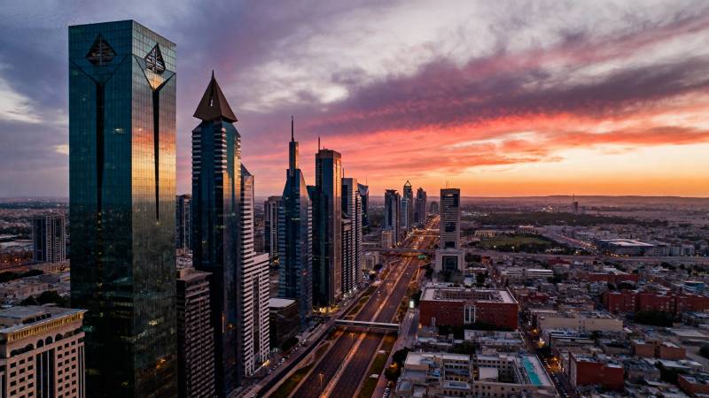 城市天际线日落图片