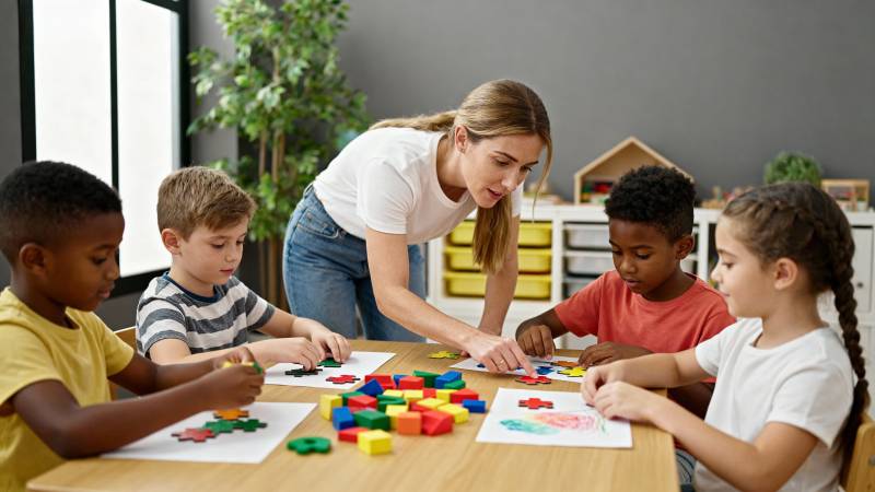 老师指导孩子拼图图片