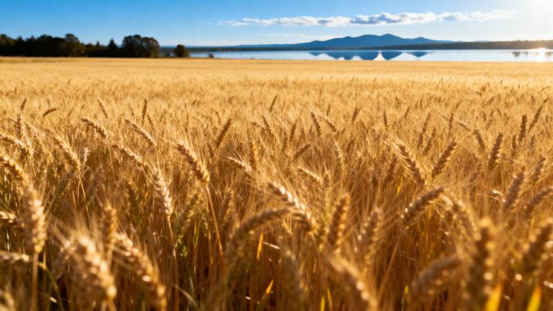 金麦田与湖光山色图片