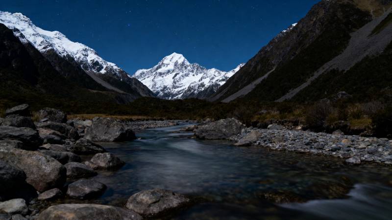 雪山夜景溪流图片