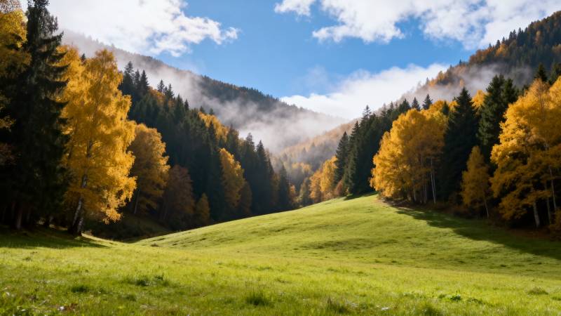 秋山雾绕 金林绿野图片